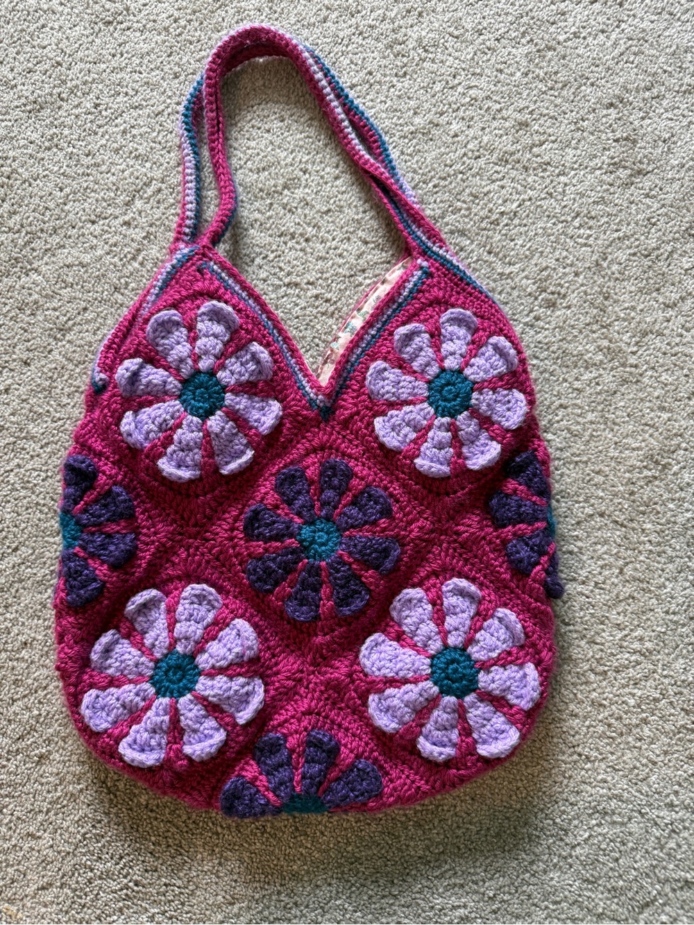 Handmade Crochet Flower Tote Bag in Pink & Purple